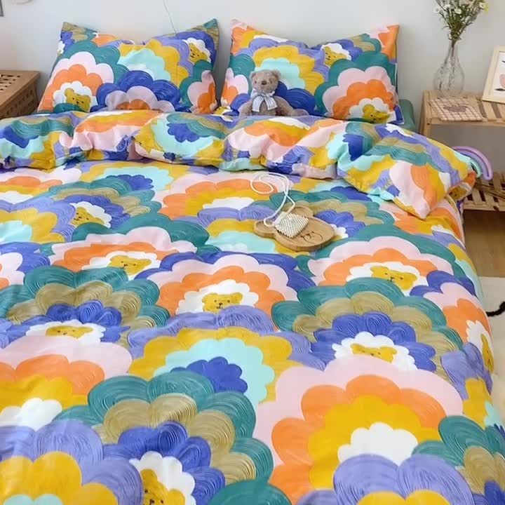 91家纺网 家纺一手货源 找家纺 2022年新款卡通系列全棉印花四件套实拍图直播爆款 小熊头