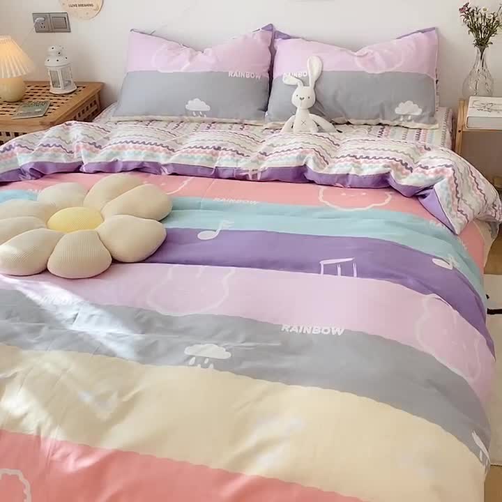 91家纺网 家纺一手货源 找家纺 2022年新款卡通系列全棉印花四件套实拍图直播爆款 彩虹熊