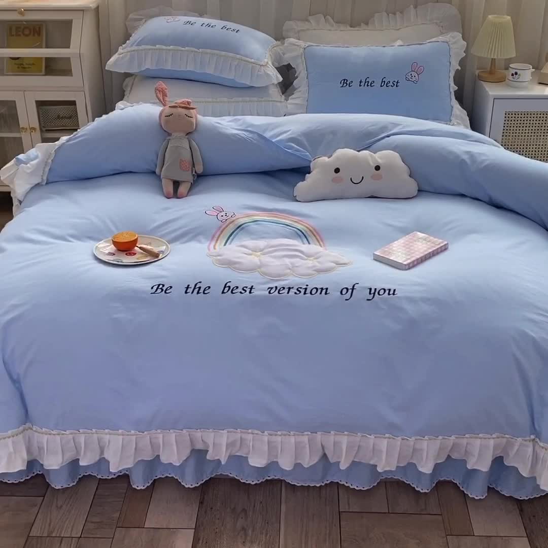 91家纺网 家纺一手货源 找家纺 2023网红全棉13376四件套少女心公主风纯棉被套棚拍图 蓝色