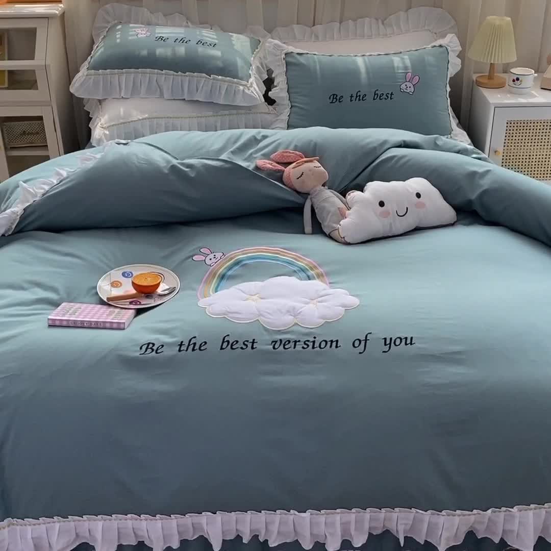 91家纺网 家纺一手货源 找家纺 2023网红全棉13376四件套少女心公主风纯棉被套棚拍图 豆绿