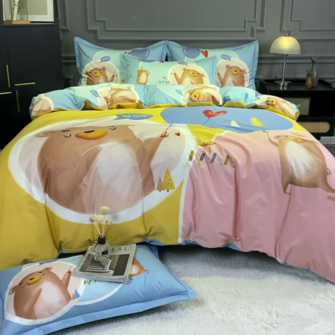 91家纺网 家纺一手货源 找家纺 金爱家 2021新款13372大版全棉卡通四件套 小萌熊