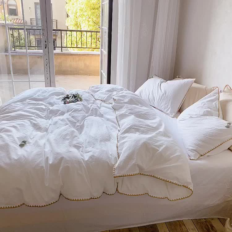 91家纺网 家纺一手货源 找家纺 玛奇朵2021新款全棉色织水洗棉贝壳边四件套妮可系列妮可-白