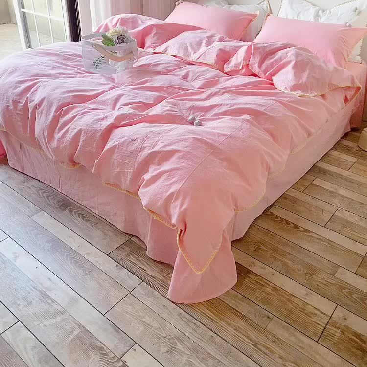 91家纺网 家纺一手货源 找家纺 玛奇朵2021新款全棉色织水洗棉贝壳边四件套妮可系列妮可-粉