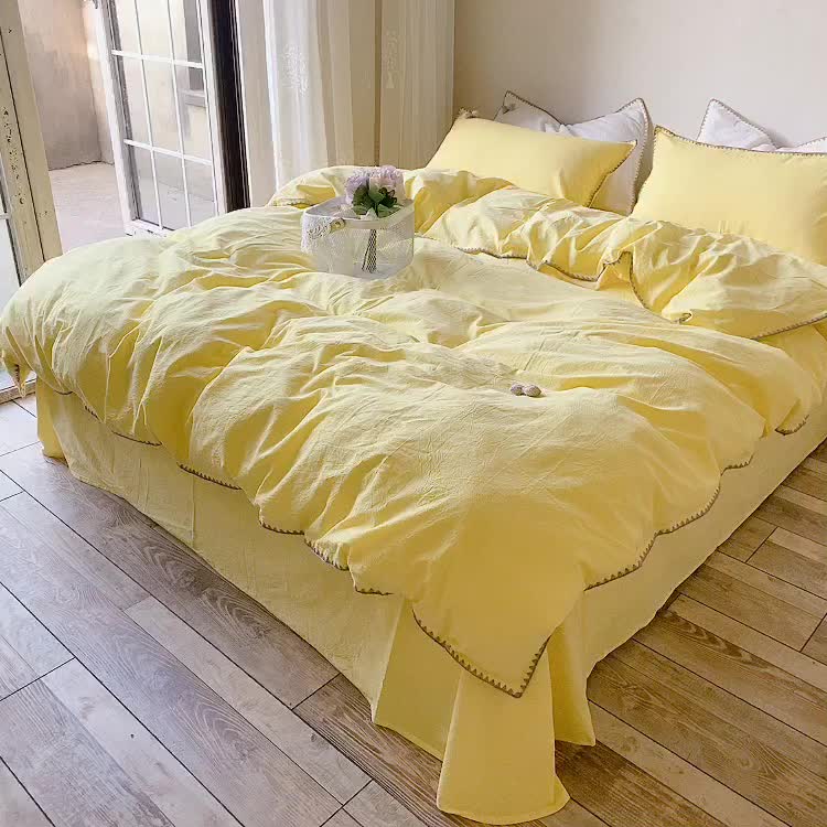 91家纺网 家纺一手货源 找家纺 玛奇朵2021新款全棉色织水洗棉贝壳边四件套妮可系列妮可-黄