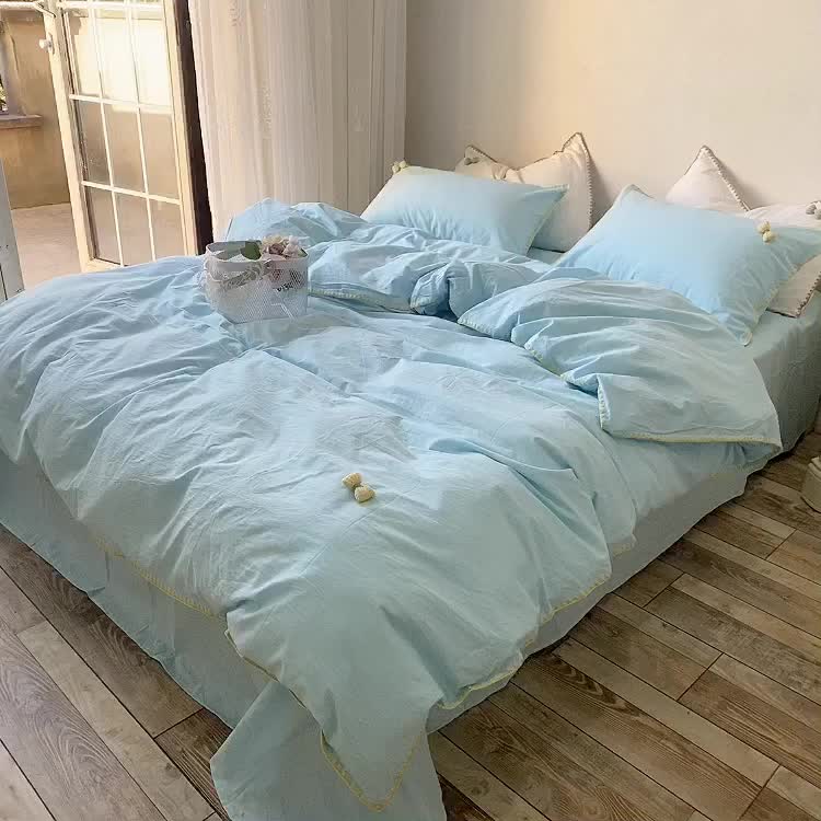 91家纺网 家纺一手货源 找家纺 玛奇朵2021新款全棉色织水洗棉贝壳边四件套妮可系列妮可-蓝