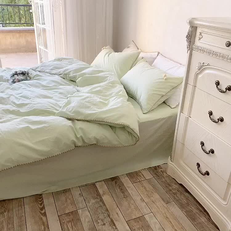 91家纺网 家纺一手货源 找家纺 玛奇朵2021新款全棉色织水洗棉贝壳边四件套妮可系列妮可-绿