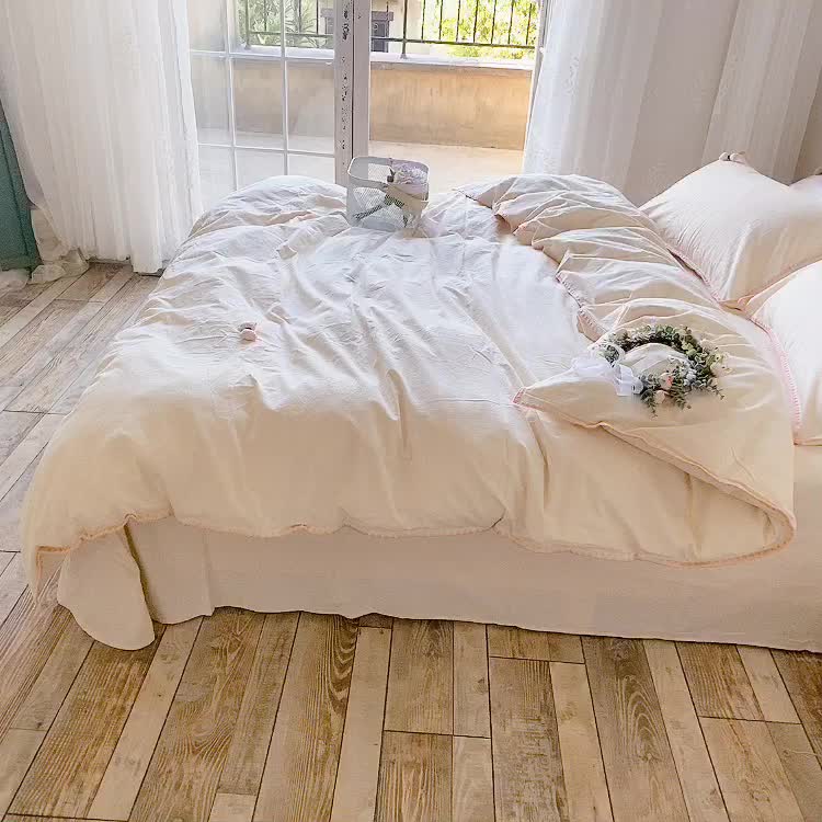 91家纺网 家纺一手货源 找家纺 玛奇朵21新款全棉色织水洗棉贝壳边四件套妮可系列妮可-米色