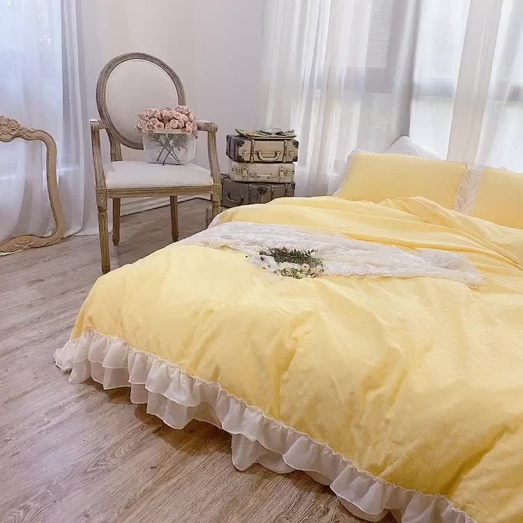 91家纺网 家纺一手货源 找家纺 玛奇朵 2021新款华夫格雪纺纱全棉色织提花四件套华夫格-黄