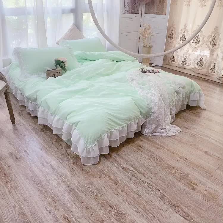 91家纺网 家纺一手货源 找家纺 玛奇朵 2021新款华夫格雪纺纱全棉色织提花四件套华夫格-绿