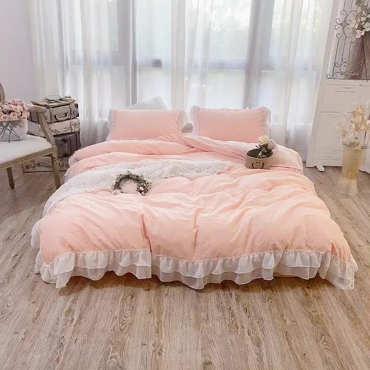 91家纺网 家纺一手货源 找家纺 玛奇朵2021新款华夫格雪纺纱全棉色织提花四件套华夫格-桃粉