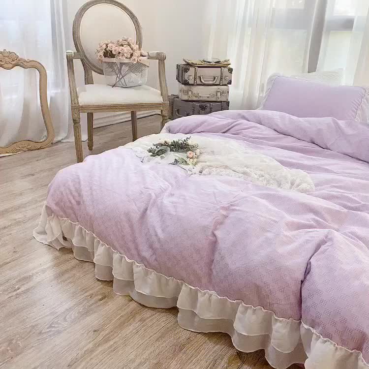 91家纺网 家纺一手货源 找家纺 玛奇朵 2021新款华夫格雪纺纱全棉色织提花四件套华夫格-紫