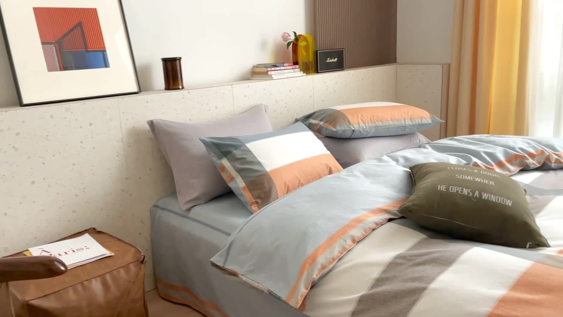 91家纺网 家纺一手货源 找家纺 （总）时年家纺 2021新款全棉简约条格系列四件套