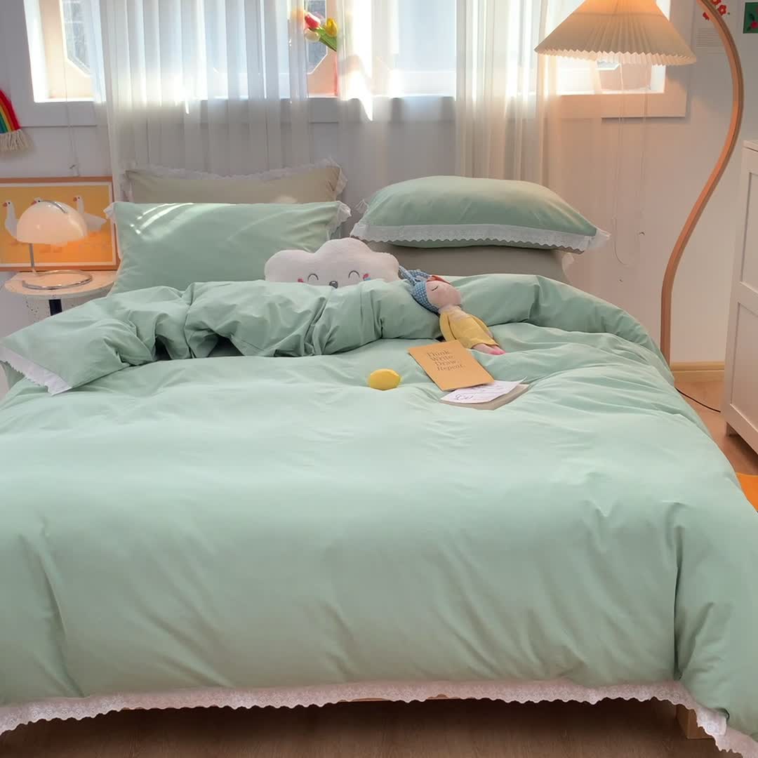 91家纺网 家纺一手货源 找家纺 怡家居 2021新款全棉水洗刺绣花边四件套 艾绿