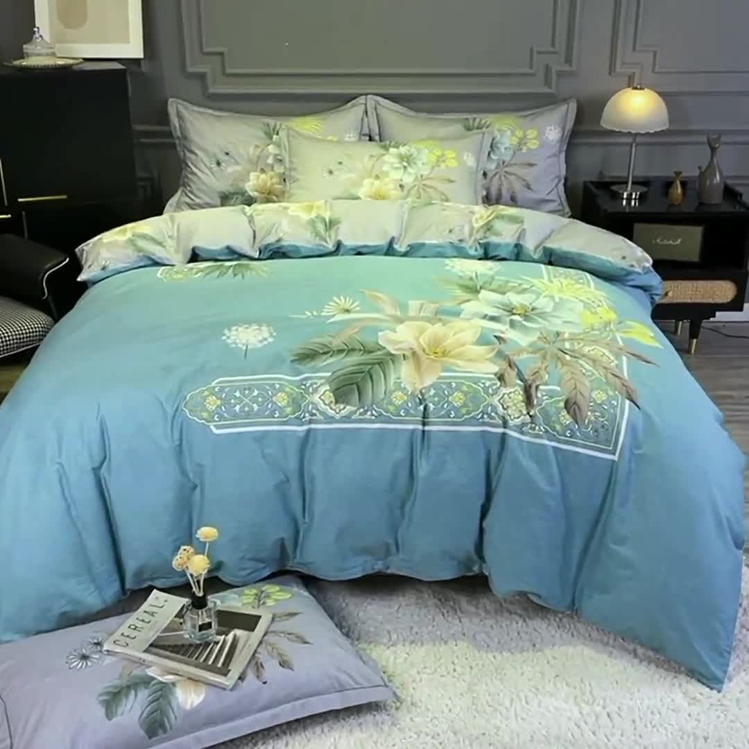 91家纺网 家纺一手货源 找家纺 金爱家 2021新款全棉活性花卉系列四件套 叶知秋兰