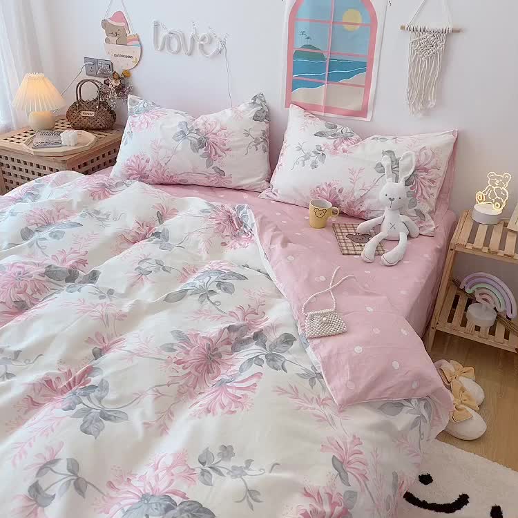 91家纺网 家纺一手货源 找家纺 2022年新款卡通系列全棉印花四件套实拍图直播爆款 花叶曼舞