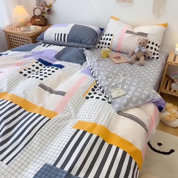 91家纺网 家纺一手货源 找家纺 2022年新款卡通系列全棉印花四件套实拍图直播爆款 几何点点