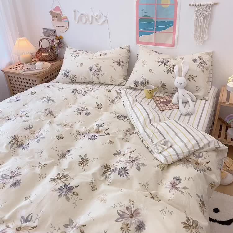 91家纺网 家纺一手货源 找家纺 2022年新款卡通系列全棉印花四件套实拍图直播爆款 木槿