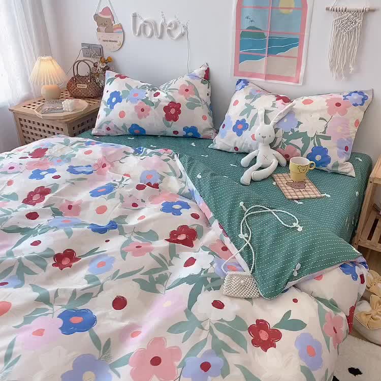 91家纺网 家纺一手货源 找家纺 2022年新款卡通系列全棉印花四件套实拍图直播爆款 油画小花