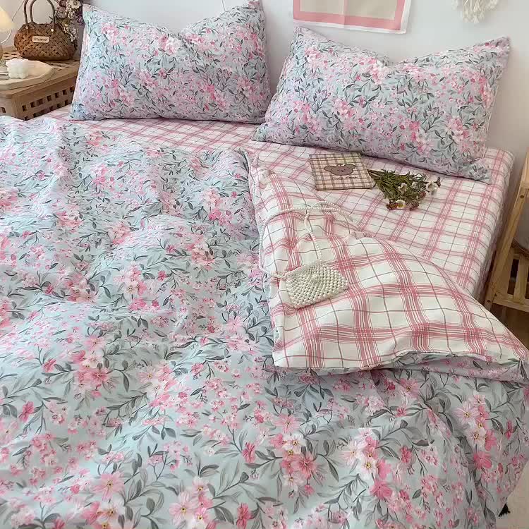 91家纺网 家纺一手货源 找家纺 沐棉家居  2022年新款13070全棉印花四件套直播爆款 甜心花蕊
