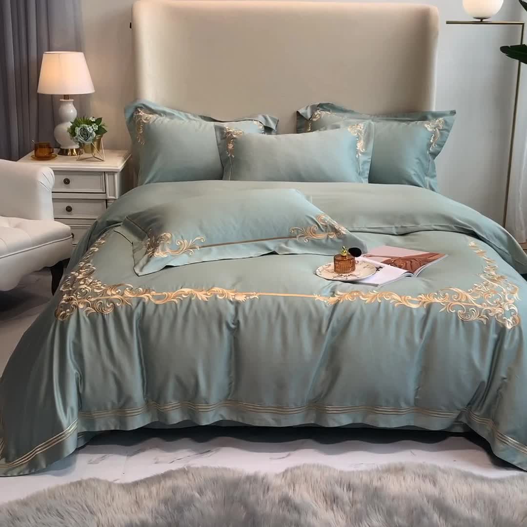 91家纺网 家纺一手货源 找家纺 馨蕊2021全棉60s双股埃及长绒棉四件套-巴比伦系列 艾绿