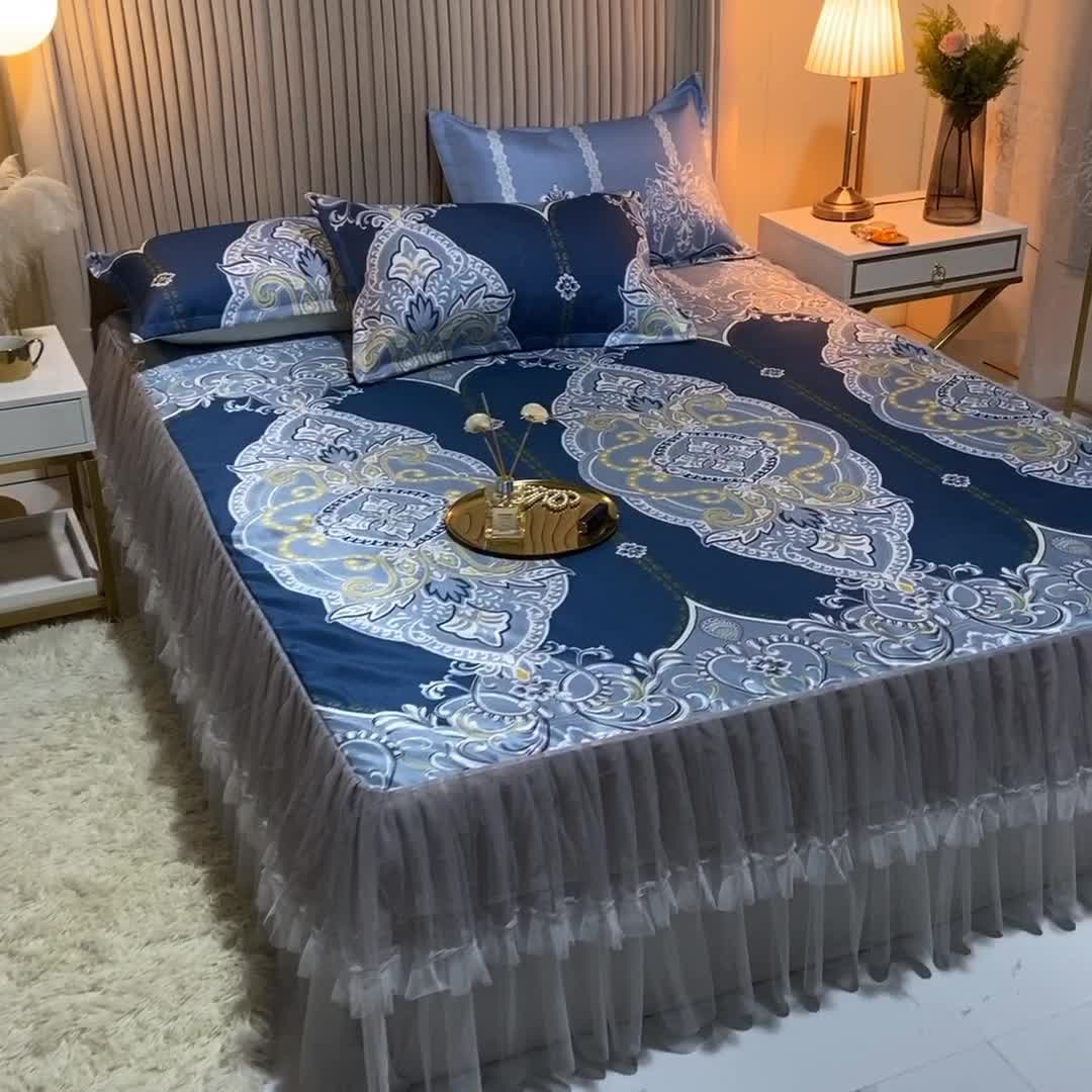 91家纺网 家纺一手货源 找家纺 ds生活馆 凉席冰丝席可水洗冰丝席床裙款冰丝席三件套 雅韵翩然