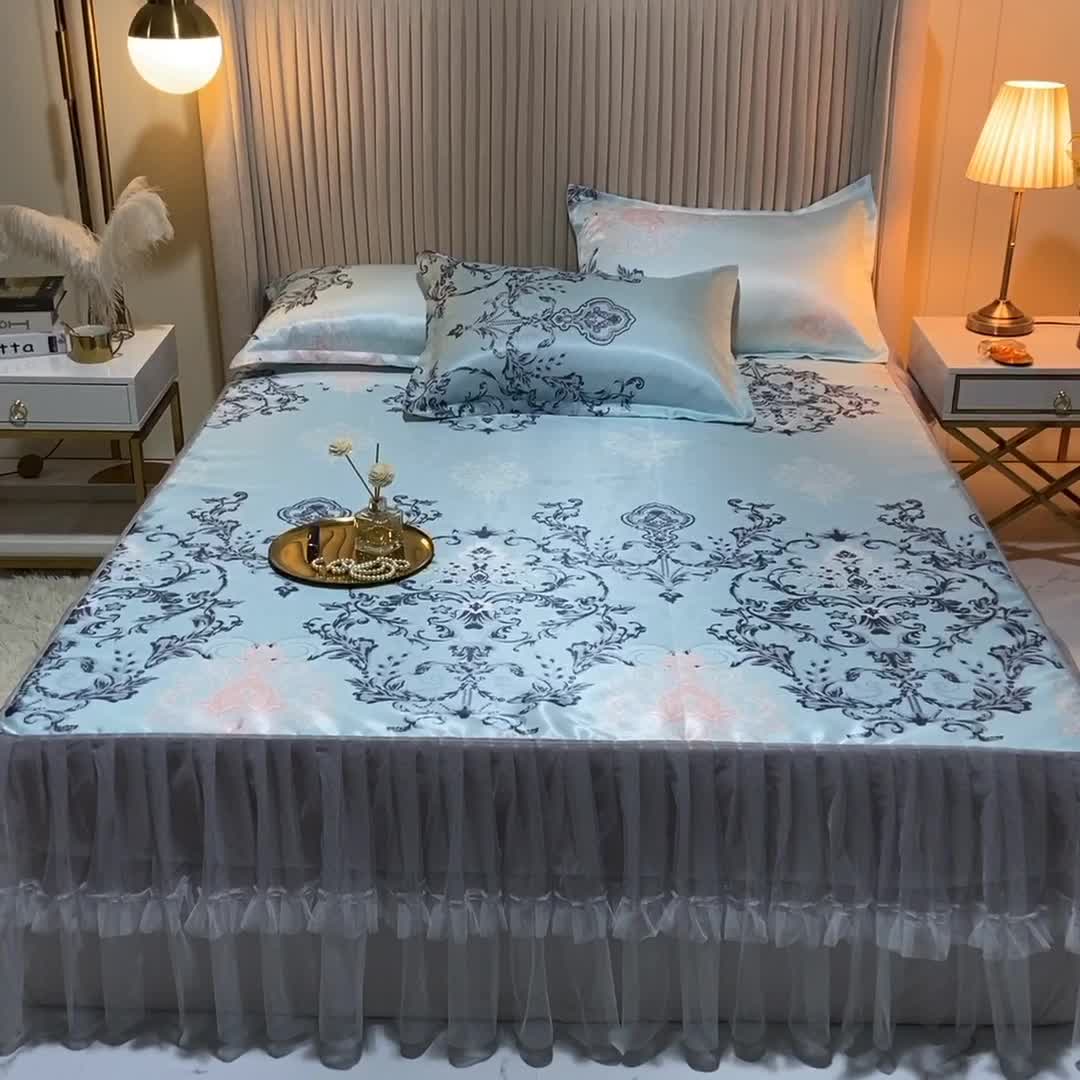 91家纺网 家纺一手货源 找家纺 ds生活馆 凉席冰丝席可水洗冰丝席床裙款冰丝席三件套 悉尼蓝