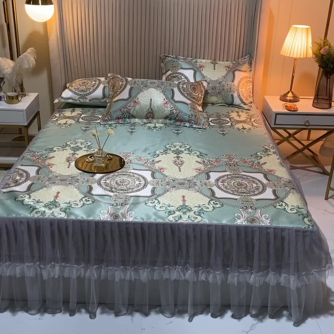 91家纺网 家纺一手货源 找家纺 ds生活馆 凉席冰丝席可水洗冰丝席床裙款冰丝席三件套 维纳斯绿