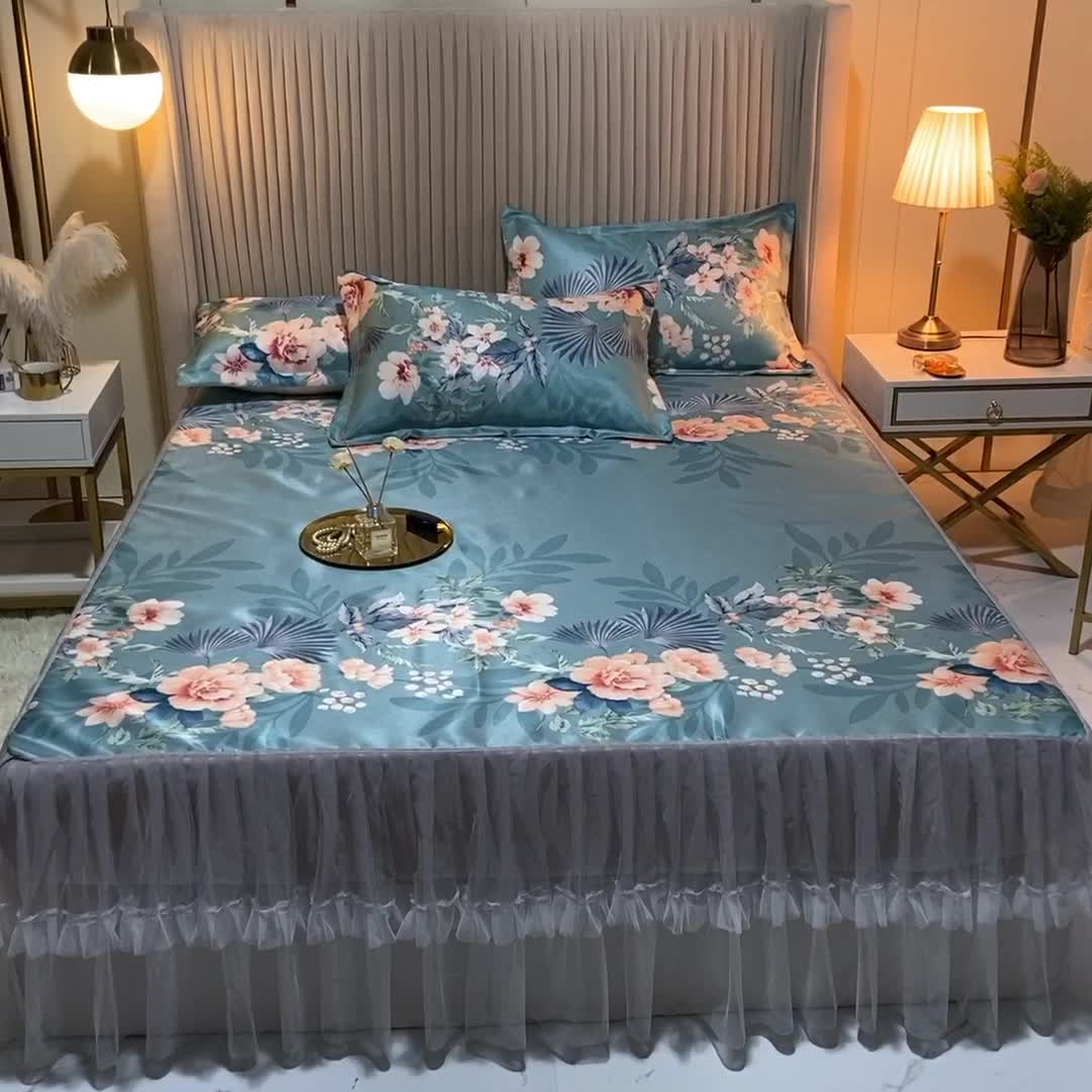 91家纺网 家纺一手货源 找家纺 ds生活馆 凉席冰丝席可水洗冰丝席床裙款冰丝席三件套 盛世花开