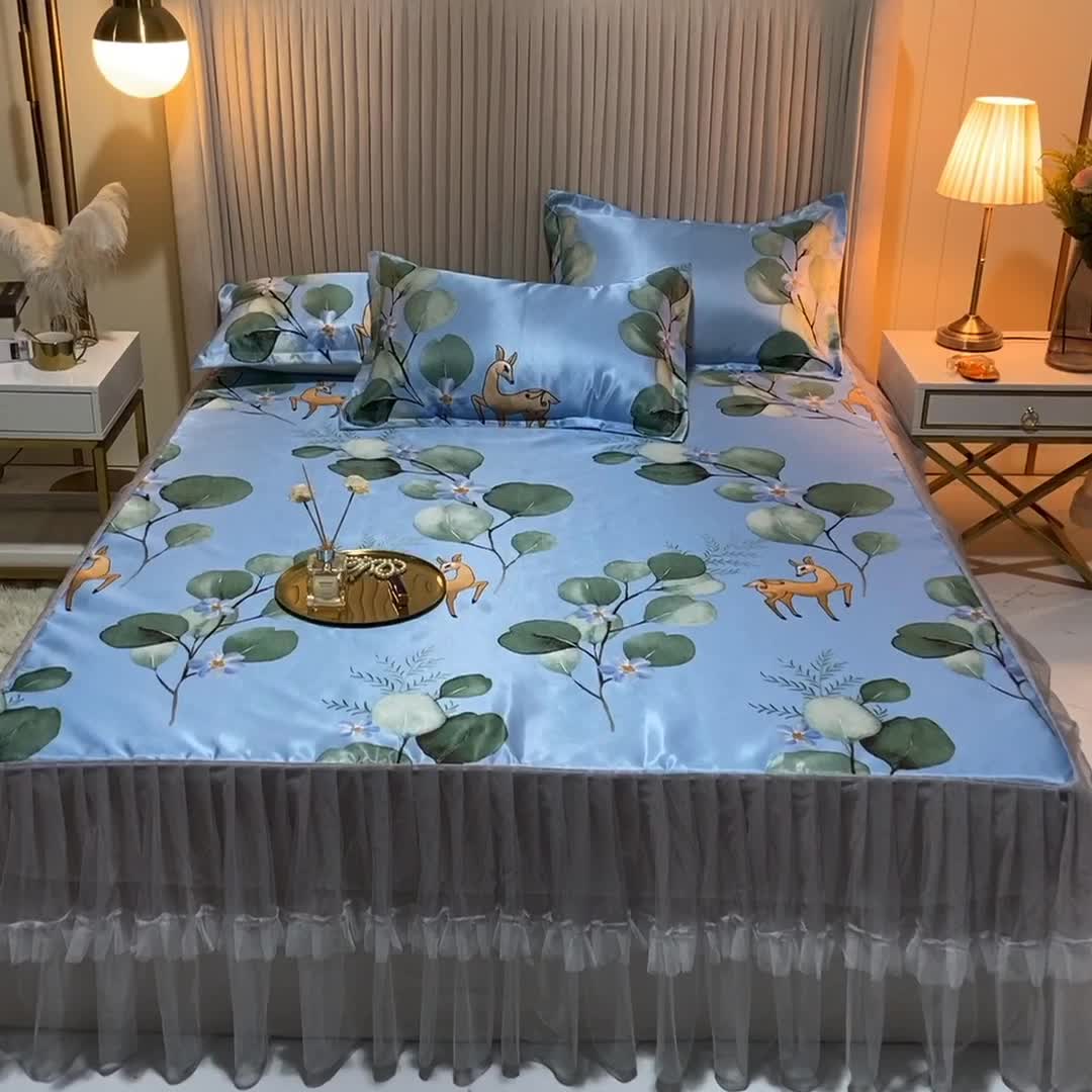 91家纺网 家纺一手货源 找家纺 ds生活馆 凉席冰丝席可水洗冰丝席床裙款冰丝席三件套 森林奇境