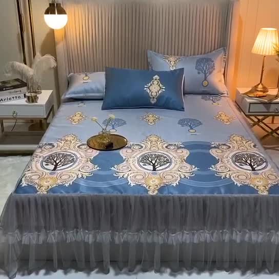 91家纺网 家纺一手货源 找家纺 ds生活馆 凉席冰丝席可水洗冰丝席床裙款冰丝席三件套 慕南枝想