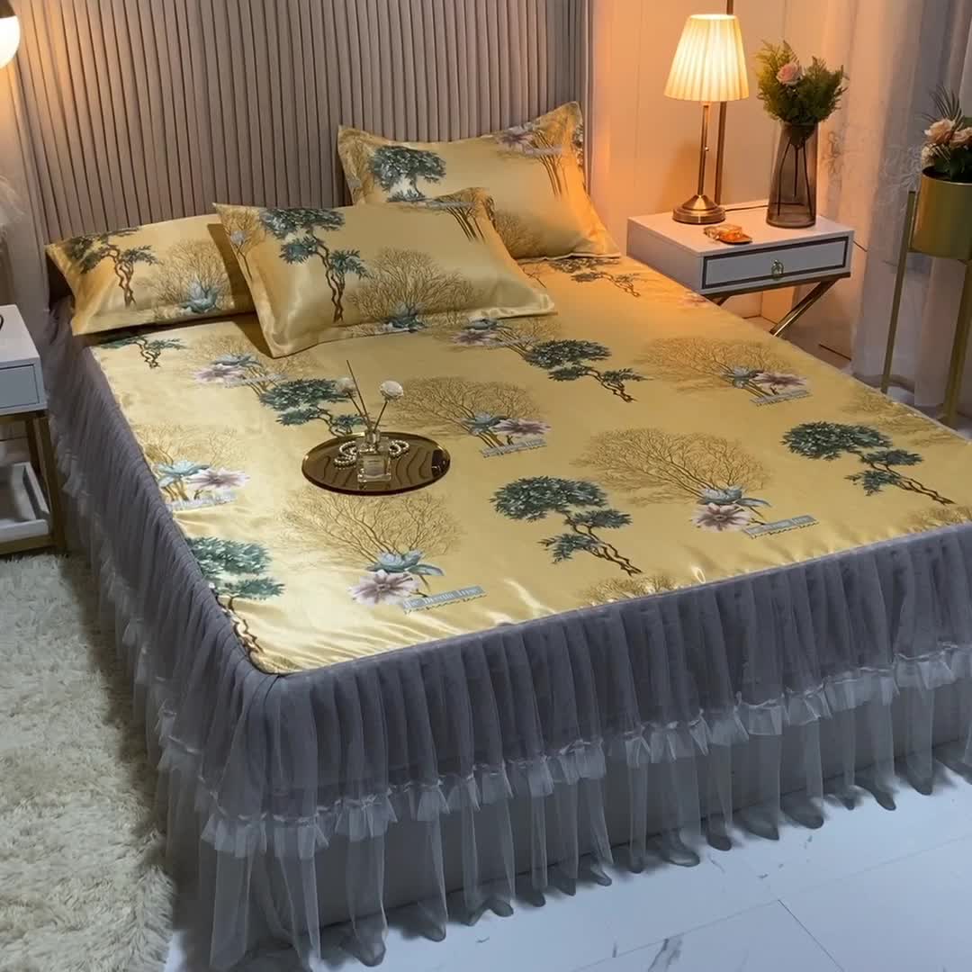 91家纺网 家纺一手货源 找家纺 ds生活馆 凉席冰丝席可水洗冰丝席床裙款冰丝席三件套 梦境黄