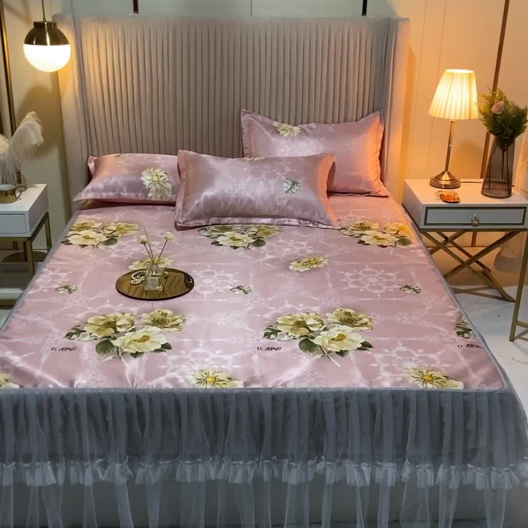 91家纺网 家纺一手货源 找家纺 ds生活馆 凉席冰丝席可水洗冰丝席床裙款冰丝席三件套 曼妙舞姿