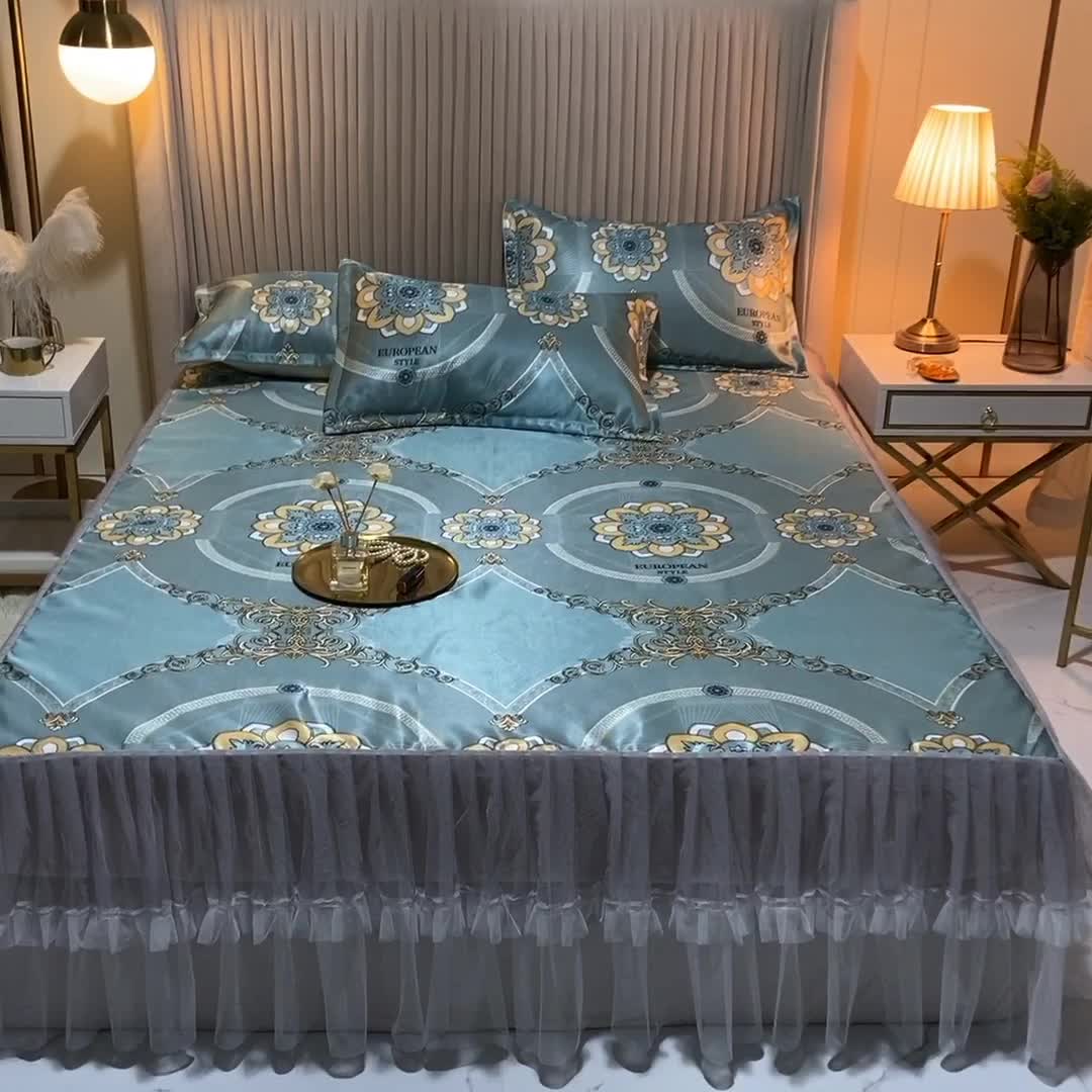 91家纺网 家纺一手货源 找家纺 ds生活馆 凉席冰丝席可水洗冰丝席床裙款冰丝席三件套 华尔兹兰