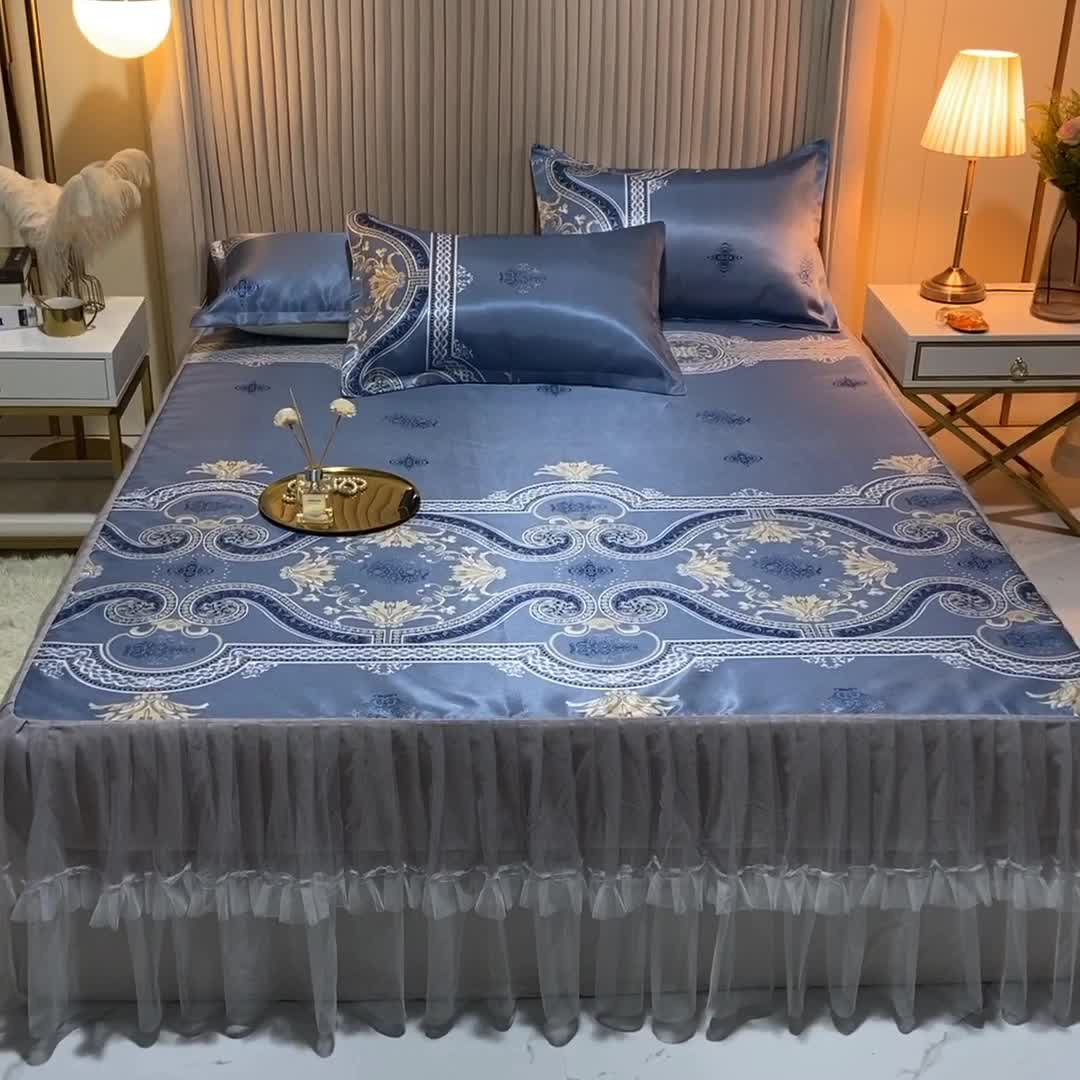 91家纺网 家纺一手货源 找家纺 ds生活馆 凉席冰丝席可水洗冰丝席床裙款冰丝席三件套 安吉丽