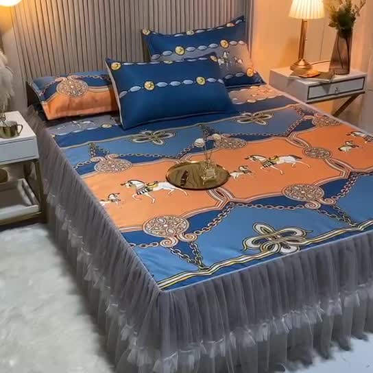 91家纺网 家纺一手货源 找家纺 ds生活馆 凉席冰丝席可水洗冰丝席床裙款冰丝席三件套 爱马仕