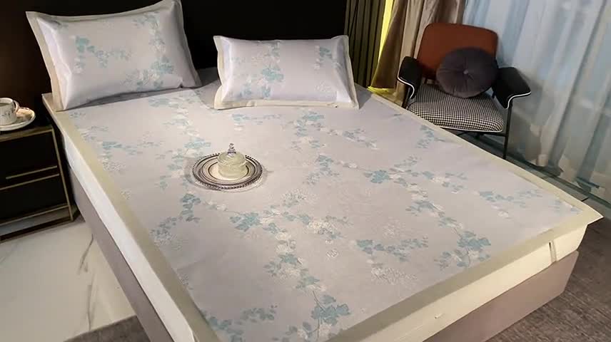 91家纺网 家纺一手货源 找家纺 安哆啦 2021新款全棉宽边冰丝席三件套 含笑兰花