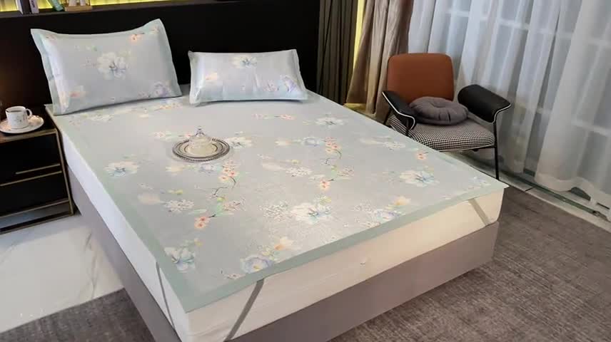 91家纺网 家纺一手货源 找家纺 安哆啦 2021新款全棉宽边冰丝席三件套 百合兰