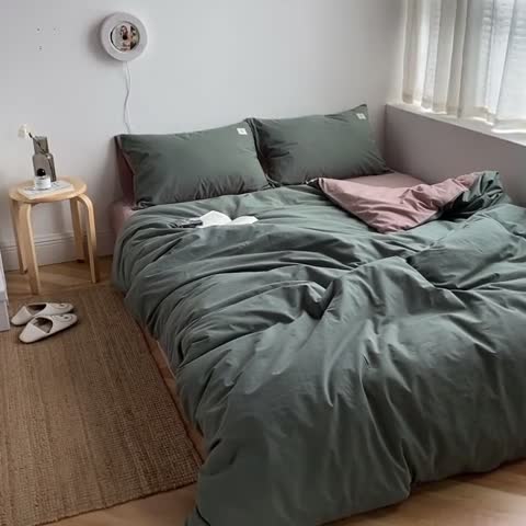 91家纺网 家纺一手货源 找家纺 雅居纺家纺 2022新款全棉水洗棉四件套 墨子绿卡其