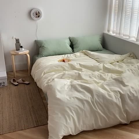 91家纺网 家纺一手货源 找家纺 雅居纺家纺 2022新款全棉水洗棉四件套 ins米黄水绿