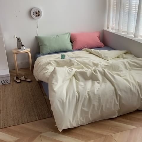 91家纺网 家纺一手货源 找家纺 雅居纺家纺 2022新款全棉水洗棉四件套 ins米黄蓝