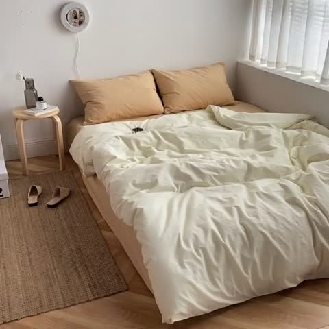 91家纺网 家纺一手货源 找家纺 雅居纺家纺 2022新款全棉水洗棉四件套 ins米黄咖啡