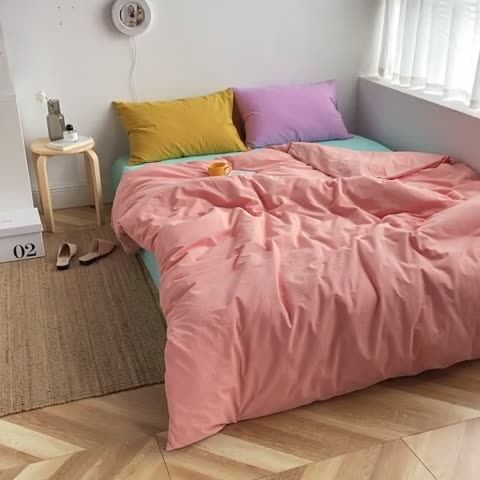 91家纺网 家纺一手货源 找家纺 雅居纺家纺 2022新款全棉水洗棉四件套 ins粉蓝