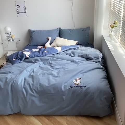 91家纺网 家纺一手货源 找家纺 雅居纺家纺 2022新款全棉水洗棉绣花四件套 可爱鸭