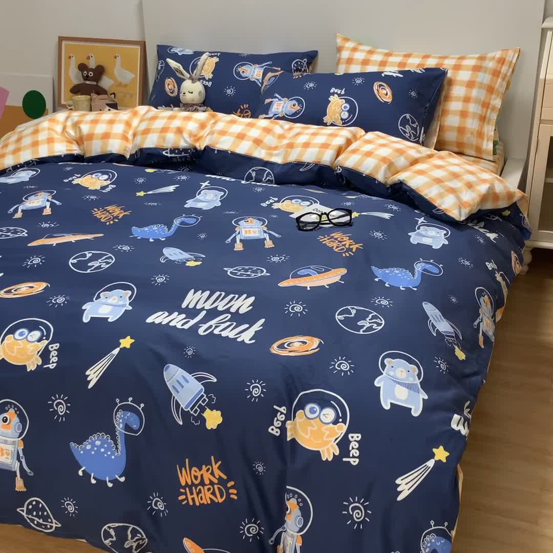 91家纺网 家纺一手货源 找家纺 曼之夏2022新款全棉13372匹马棉纯棉印花四件套 蓝空