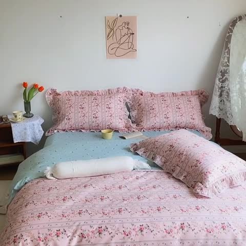 91家纺网 家纺一手货源 找家纺 棉生活 2022新款韩系花边碎花四件套 橡皮粉花