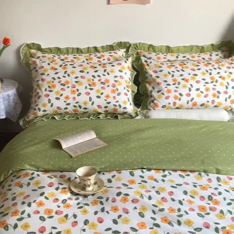 91家纺网 家纺一手货源 找家纺 棉生活 2022新款韩系花边碎花四件套 夏果桔