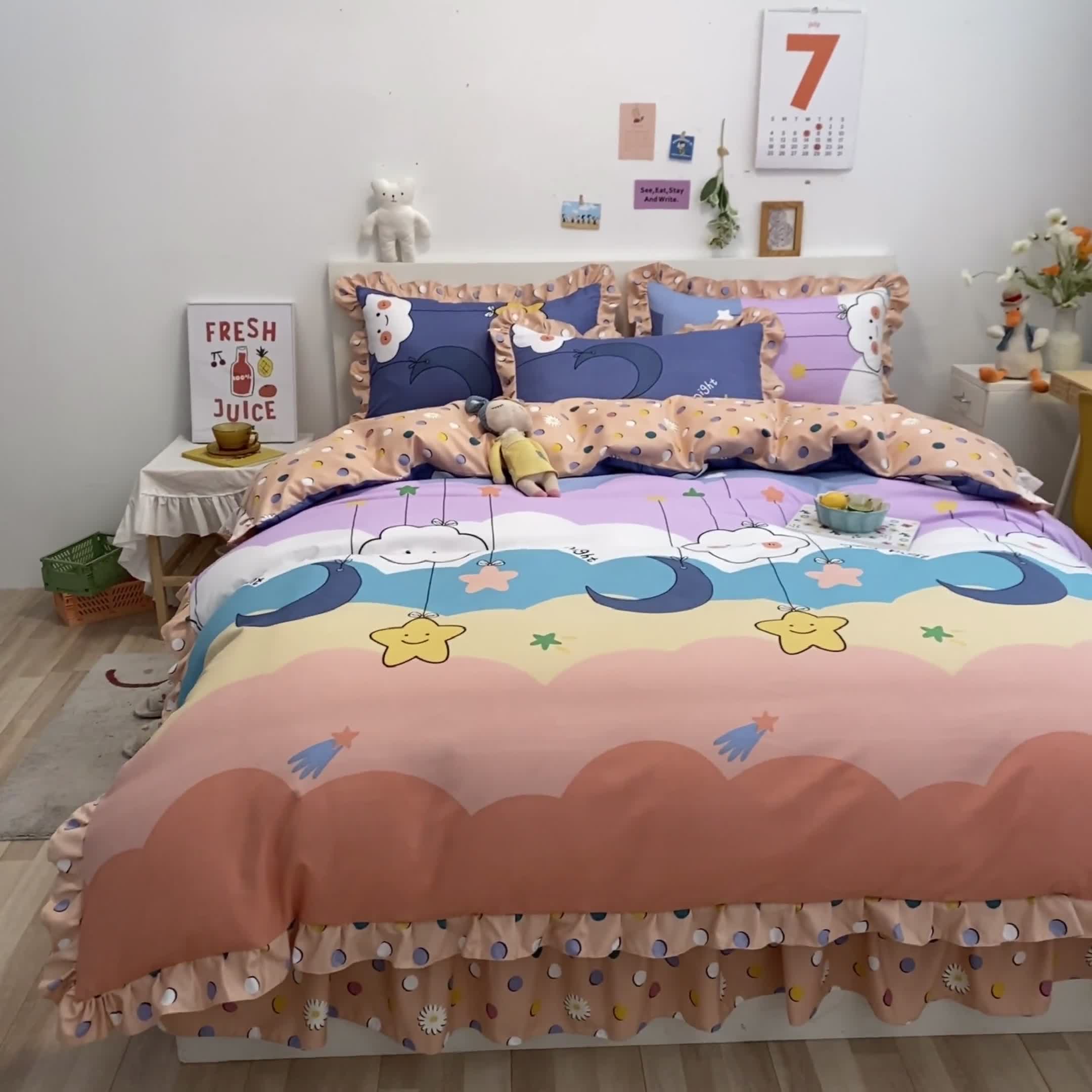 91家纺网 家纺一手货源 找家纺 上尚居 2024新款小清新韩版花边磨毛四件套水洗棉 晚安-蓝