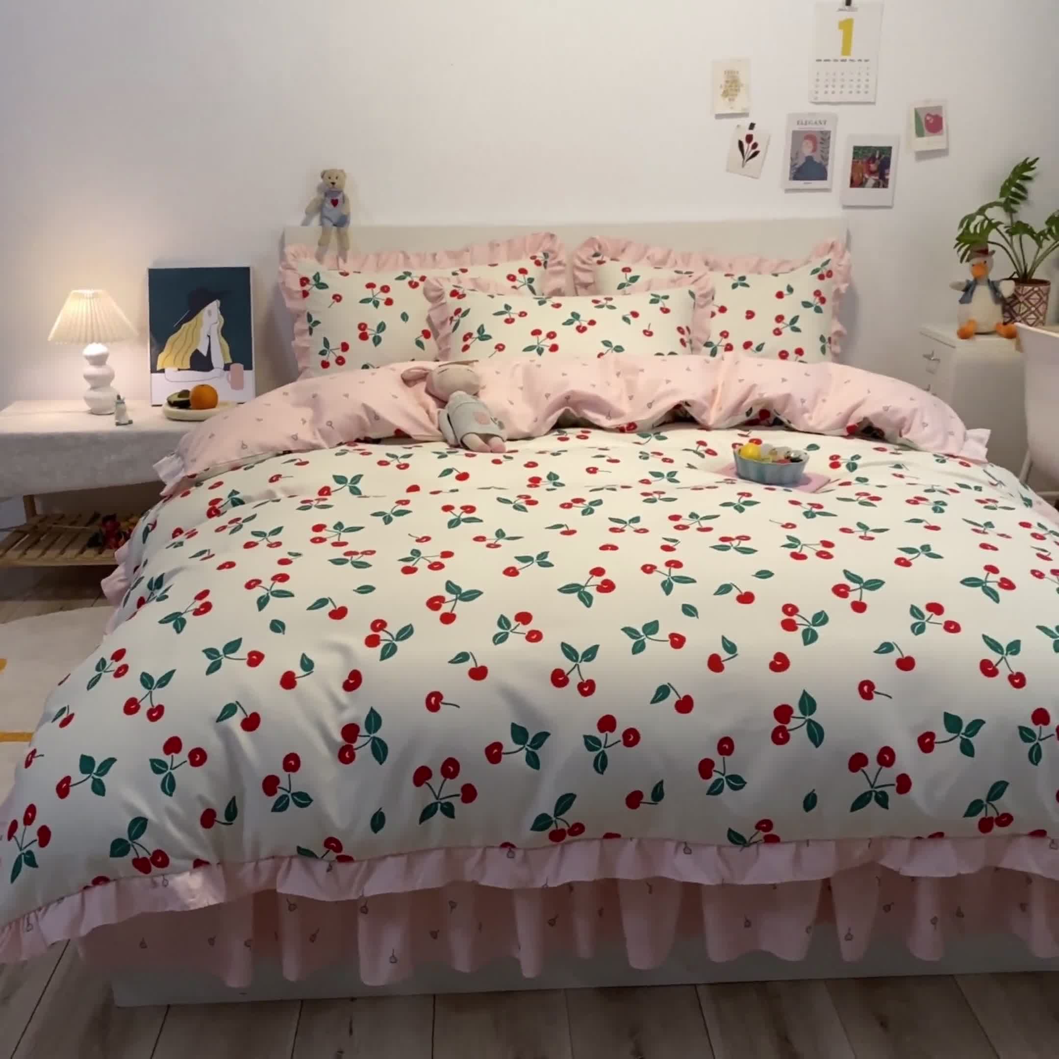 91家纺网 家纺一手货源 找家纺 上尚居 2024新款小清新韩版花边磨毛四件套水洗棉 樱桃-米