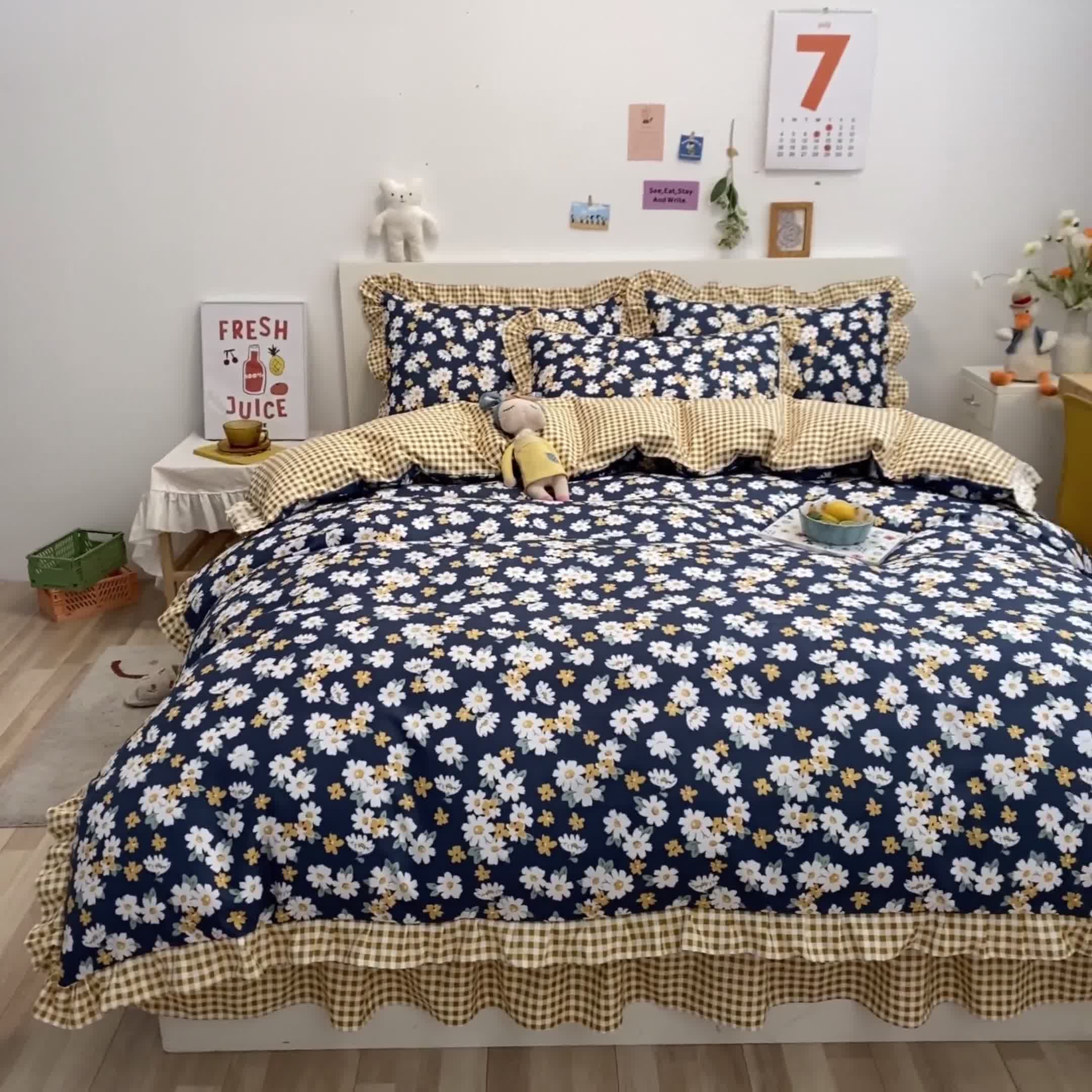 91家纺网 家纺一手货源 找家纺 上尚居 2024新款小清新韩版花边磨毛四件套水洗棉 小雏菊