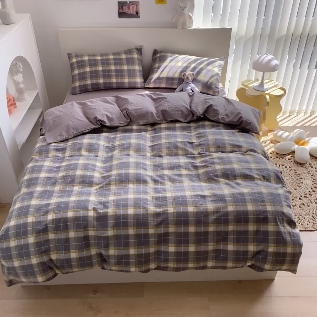 91家纺网 家纺一手货源 找家纺 蓝巢 2021新款全棉色织水洗棉四件套 保罗灰